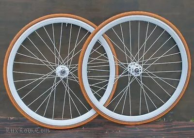 NOS White Fixed Gear Track Bike WHEELS 700c DeepV Rims Hub Bicycle Vintage Tires • $394