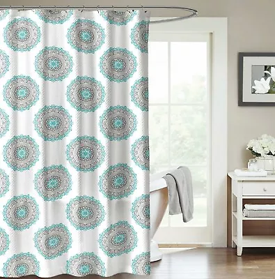 Aqua Green Grey Fabric Shower Curtain: Ornate Medallion Circle Design • $15.99