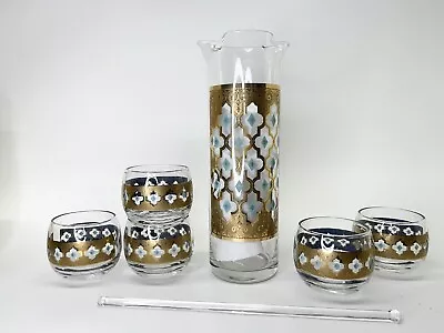 Vintage Culver Valencia 22kt Gold & Blue Pitcher  5 Roly Poly Glasses Bar Mixer • $149.99