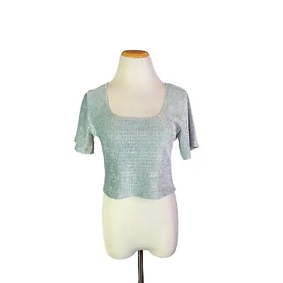 Miss Selfridge UK12 US8 Crinkled Velvet Crop Top Light Blue Stretchy • $17.99