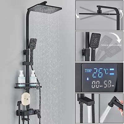 Exposed Shower Taps Mixer Valve Black Bathroom Square Twin Head Bar Shower Set • £109