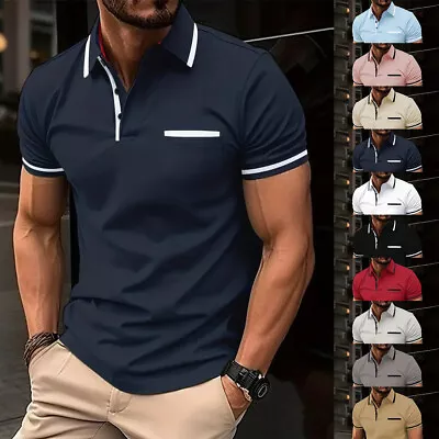 Mens Short Sleeve Tipping Polo Shirt Plain T-Shirt Top Casual Regular Fit Polos • £11.89