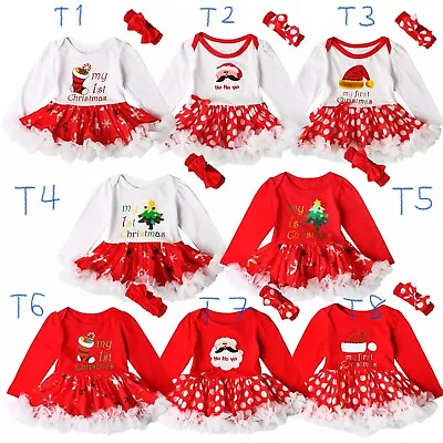 Newborn Baby Girl My 1st Christmas Romper Dress Outfits Xmas Costume Clothes Set • £7.99