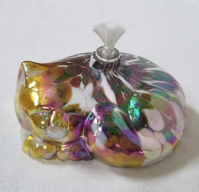 $19.99 • Buy Vtg 90s Never Used The Glass Eye Seattle Colorful Glass Cat Candle Oil Lamp