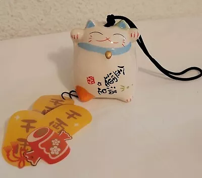 Mobile Wind Chime Cat Lucky Necko Ceramic Porcelain Bell Blue White Handmade • $25