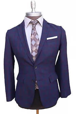 Hugo Boss Hutson 214 Wool Blend Blue Purple Check Two Button Blazer 38R • $64.99