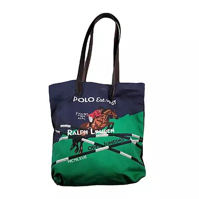 Polo Ralph Lauren Equestrian Print Canvas Shopper Tote Leather Handles $125 • $68.49