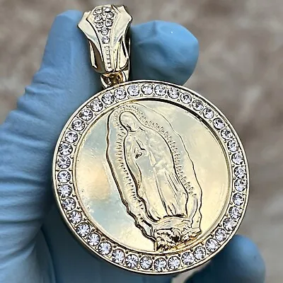 Mary Coin Pendant La Virgen De Guadalupe Simulated CZ Gold Plated Silver Glitter • $14.95