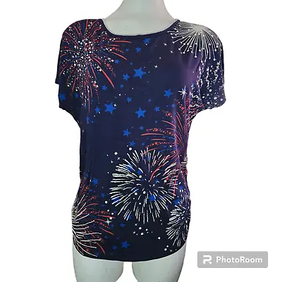 Vanilla Sugar Women's Top Navy Blue Fireworks Patriotic Short Sleeve Shirring PL • $7