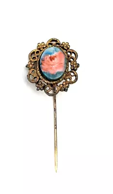 Vintage Hand Painted Porcelain Stickpin Small Flower Cameo Gold Tone Base    #A2 • $15.61