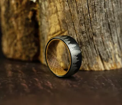 Whiskey Barrel Ring Tungsten Black Forest Tree Wood Inside Wedding Band Ring • $29.97