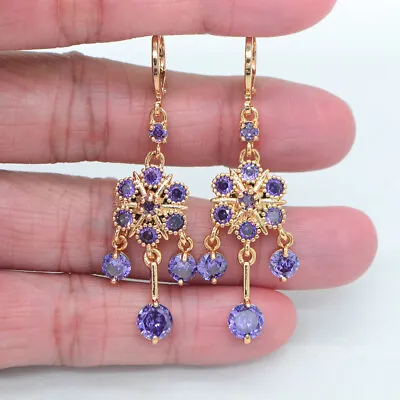 18K Yellow Gold Filled Women Purple Topaz Flower Chandelier Dangle Earrings • £5.99