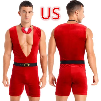 US Mens Christmas Jumpsuit Costume Outfit Sleeveless Bodysuit Romper With Belt • $19.43