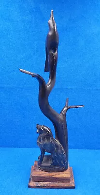 Vintage Hand Carved Buffalo Horn Sculpture Wolf & Raven In Tree Figurine • $59.99