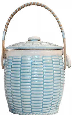 Vintage Biscuit Cookie Jar ARCO Dallas Blue White  Basket Look Bamboo Handle • $25