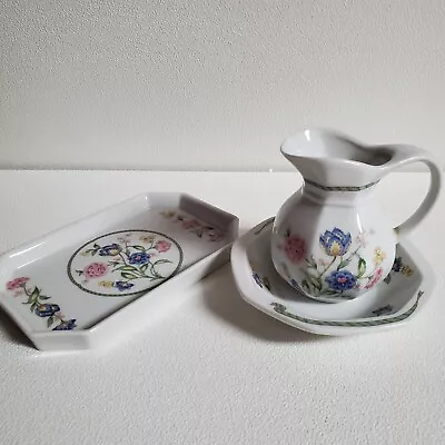 Porcelain Vanity Set Tray With Bow And Pitcher Spring Garden Pink Blue Floral • $29.99