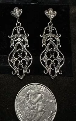 Pave Sterling Silver Pave Marcasite Onyx Art Deco Style Drops Earrings Posts • $11.99