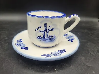 Vintage Delft Blue Tea Cup & Saucer Hand Painted Holland Blue Delft Windmill  • $15