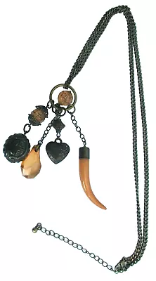 Aged Bronze Tone Curb Amber Tone Beads Charms Burnt Orange Horn Pendant • £7.65