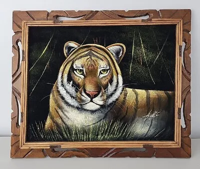 Vintage Bengal Tiger Painting Black Velvet 24  X 20   Framed 1970s Signed MCM • $85