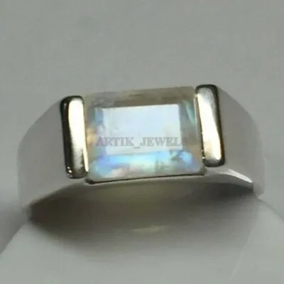 Natural Rainbow Moonstone With 14K White Gold Plated Silver Ring For Men's #1071 • $78.11