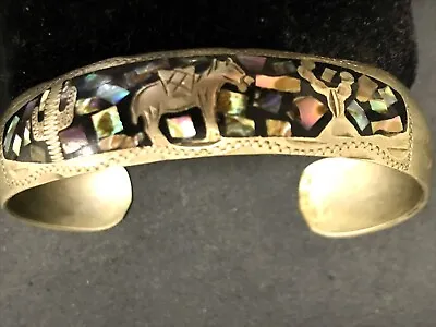 Vintage Silver & Inlaid Paua Shell Hecheon Mexican Cuff Bracelet Lots Of Detail • $75
