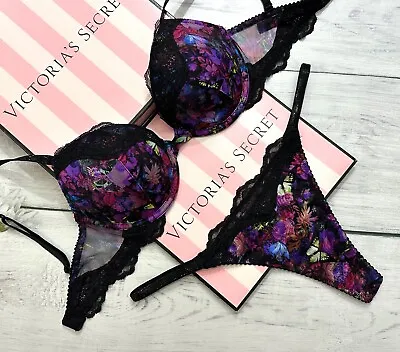 Victoria's Secret Shine Black Strap Push Up Bra Thong Set Moody Floral 32D • $65