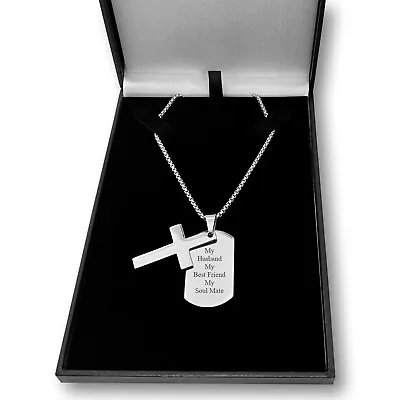 Men's Dog Tag Necklace With Cross Engraved Personalised Gift Silver Steel • £22.99