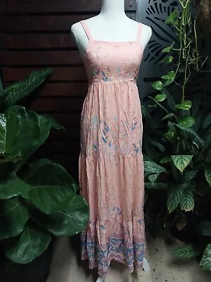 Iris Maxi Size 8 Boho Dress Tiered Peachy Pink Birds Flowers Square Neckline A21 • $29.99