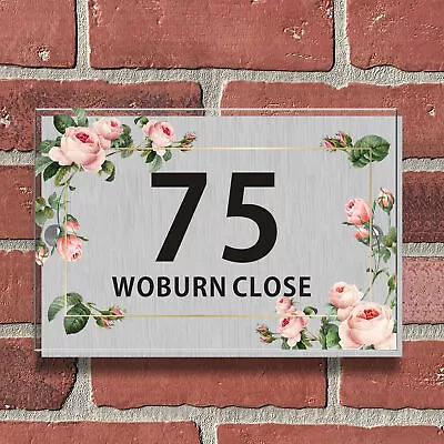 Personalised House Number Plaque Glass Effect Acrylic Door Sign Floral Plaque • £8.99