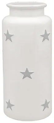 22cm Tall White Flower Vase With Grey Stars Decorative Ceramic Cylinder Vase • £16.99