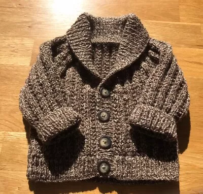 NEW BABY BOY CARDIGAN BROWN FLECK SHAWL COLLAR 0-3 Months Hand Knitted • £10.99