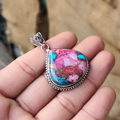 Pink Copper Turquoise Gemstone Pendant 925 Sterling Silver Handmade Gift PG320 • $15.75