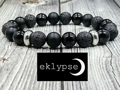 8 L STAINLESS STEEL 10mm Matte+Polished Onyx Lava Gemstone Beaded Men's Bracelet • $17.99