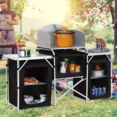 Portable Folding Camping Kitchen Unit Cupboard Windbreak Stand Storage Table • £75.95