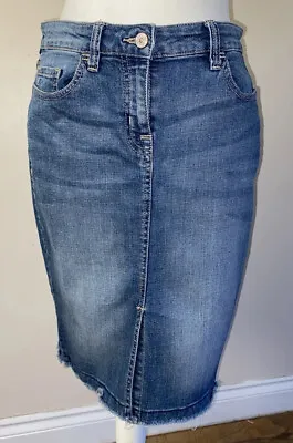 Women's Denim Skirt Size 8 Knee Length Straight Front Slit Frayed Hem • £9.35