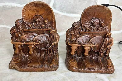 Vintage Bookends Old West Covered Wagon Oxen Pioneer Cowboy Horse Chalk-ware • $14.97