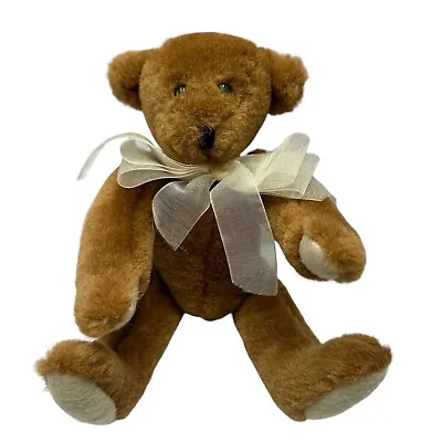 Vermont Teddy Bear Company Bear Plush Gold Brown 9” Jointed Ribbon Bow • $18.90