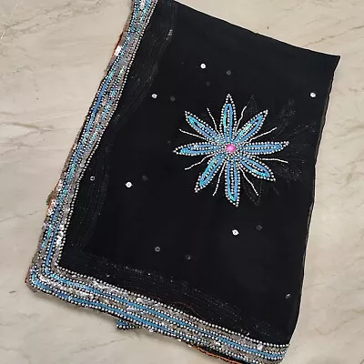 Vintage Indian Dupatta Long Scarf Sequins Hand Embroidery Georgette Veil Stole L • $14.99