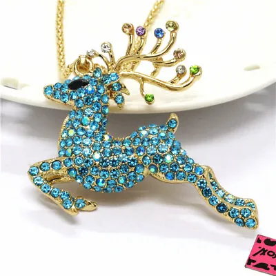 Fashion Women Blue Bling Cute Elk Deer Crystal Pendant Sweater Necklace • $3.86