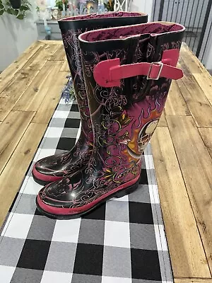 Ed Hardy Women’s Ghost Skull Rubber Rain Boots Pink & Black Size 5 • $29.95