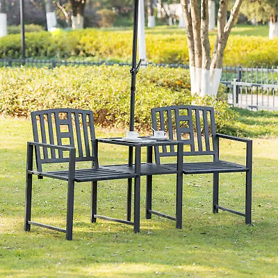 2-Person Double Metal Patio Chairs W/ Coffee Table & Umbrella Hole Black • $169.99