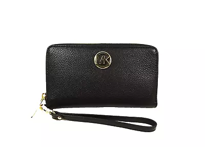 MICHAEL KORS Fulton Pebbled Luggage Black Leather Wristlet Wallet • $55