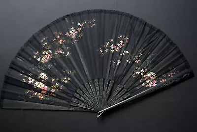 £22 • Buy Large Antique Hand Painted Folding Fan With Carved Wooden Guards