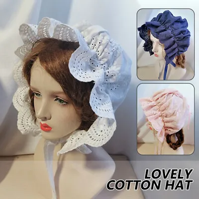Lolita Bonnet Ruffled Hat Vintage Maid Cosplay Women Pumpkin Sweet Cotton Straps • $17.50