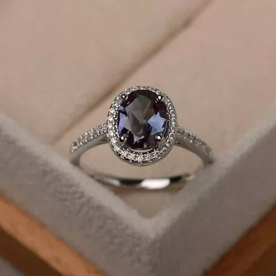 14KWhite Gold Plated 3Ct Oval Lab-Created Alexandrite Women Halo Engagement Ring • $237.77