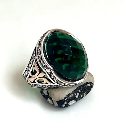 Mens Handmade Ring Turkish Silver Ring Men Emerald Ring 925k Silver 5-15 • £53.08