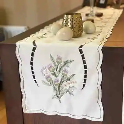 Luxury Traditional Embroidered Floral Thistle Long Table Runner Pale Cream Lace • £6.95