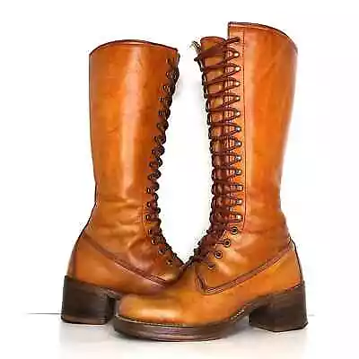 True Vintage Frye Black Label Knee High Square Toe Lace Up Boots Women’s 7 Shoes • $742