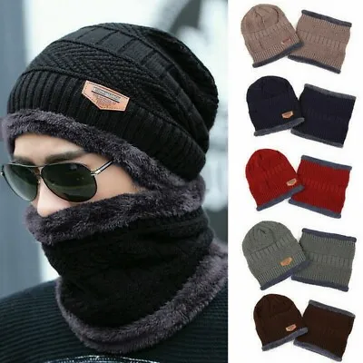 Men Boy Beanie Warm Hat Scarf Set Neck Cover Winter Fleece Knitted Thick Ski Cap • £5.56